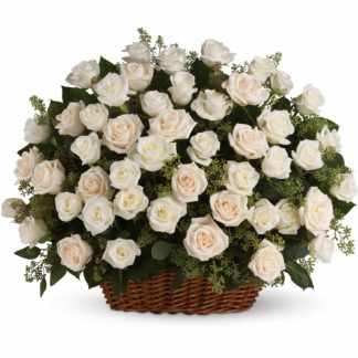 51 white roses in the basket with delivery in Russia.