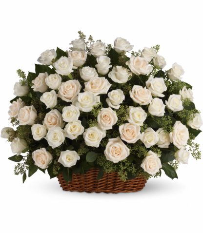 51 white roses in the basket with delivery in Russia.