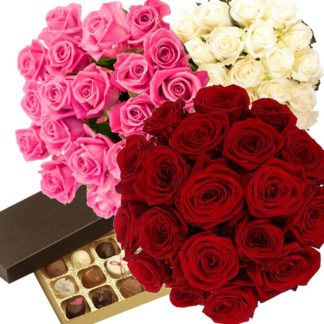 19 roses of any colours plus box of chocolates with delivery in Russia.