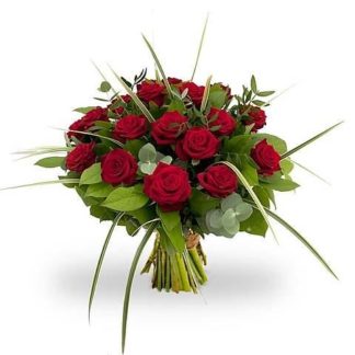 19 red roses with greenery with delivery in Russia.