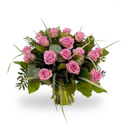 19 pink roses with greenery with delivery in Russia.