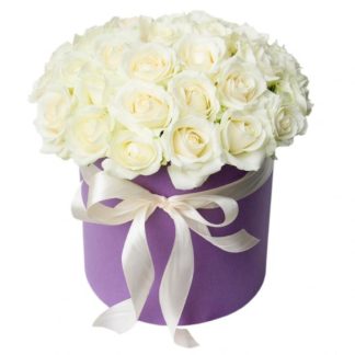25 white roses in hatbox with delivery in Russia.
